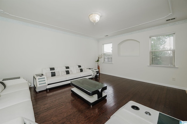 living room featuring crown molding and dark wood-type flooring