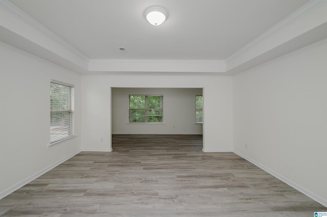 empty room featuring ornamental molding, a healthy amount of sunlight, and light wood-type flooring