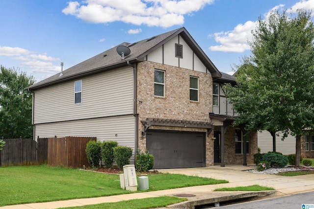 exterior space with a garage and a front lawn