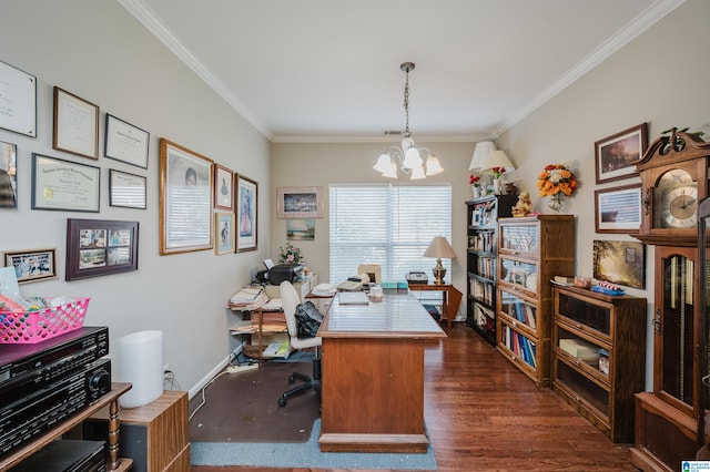 office space featuring an inviting chandelier, dark wood-type flooring, and crown molding