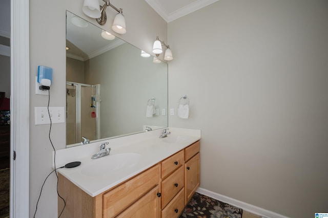 bathroom with vanity, ornamental molding, and walk in shower