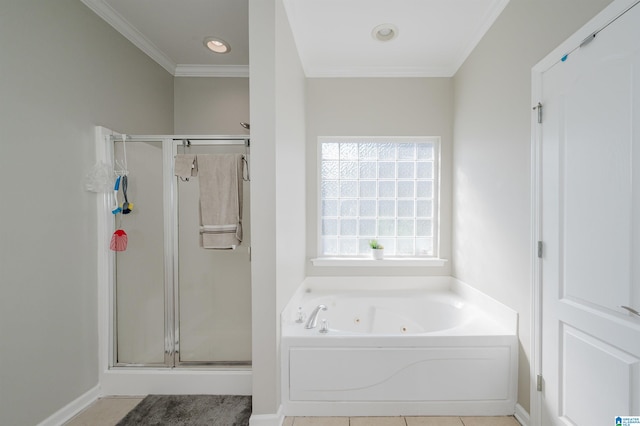 bathroom with plus walk in shower, tile patterned flooring, and crown molding