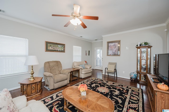 living room with dark hardwood / wood-style floors, ceiling fan, and ornamental molding