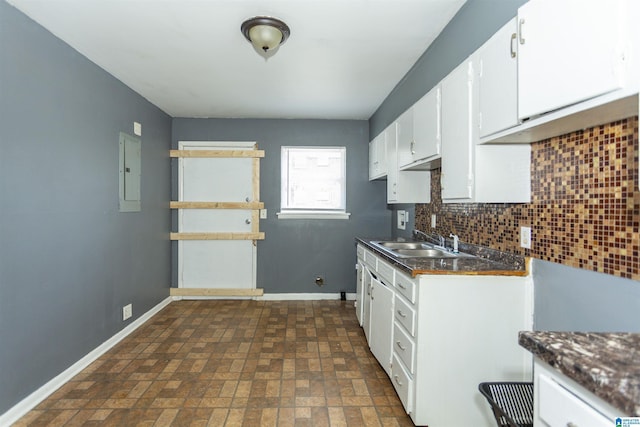 7749 5th Ave, Birmingham, AL 35206 - kitchen with a sink, electric panel, baseboards, white cabinetry, and dark countertops