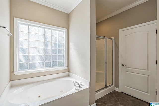 bathroom featuring separate shower and tub, ornamental molding, and tile patterned floors