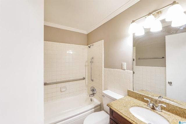 full bathroom with vanity, tiled shower / bath combo, ornamental molding, tile walls, and toilet