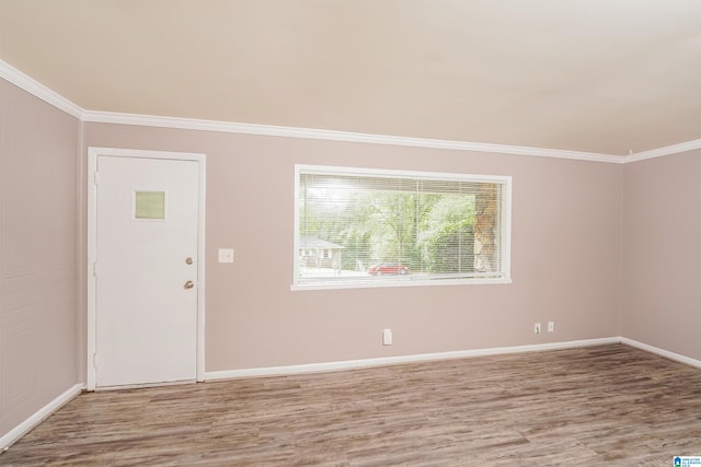 empty room featuring wood-type flooring and crown molding