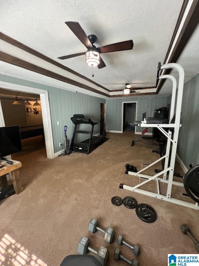 workout area with crown molding, ceiling fan, carpet floors, and a textured ceiling