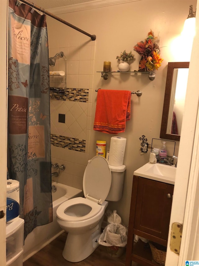 full bathroom with hardwood / wood-style flooring, vanity, toilet, and shower / bath combination with curtain