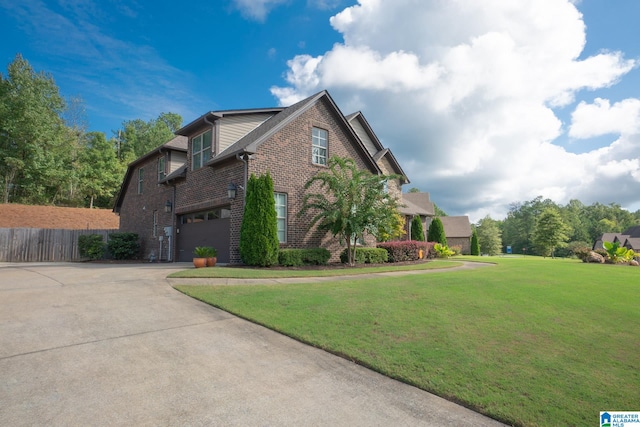 view of property exterior featuring a garage and a lawn