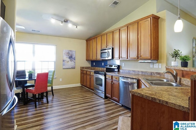 kitchen with lofted ceiling, hanging light fixtures, dark hardwood / wood-style floors, sink, and stainless steel appliances