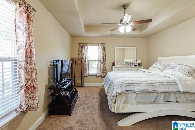 carpeted bedroom featuring a raised ceiling and ceiling fan