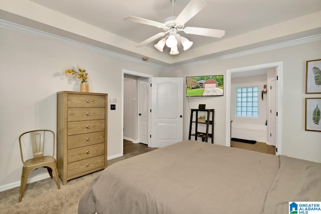 bedroom featuring carpet, ceiling fan, and crown molding