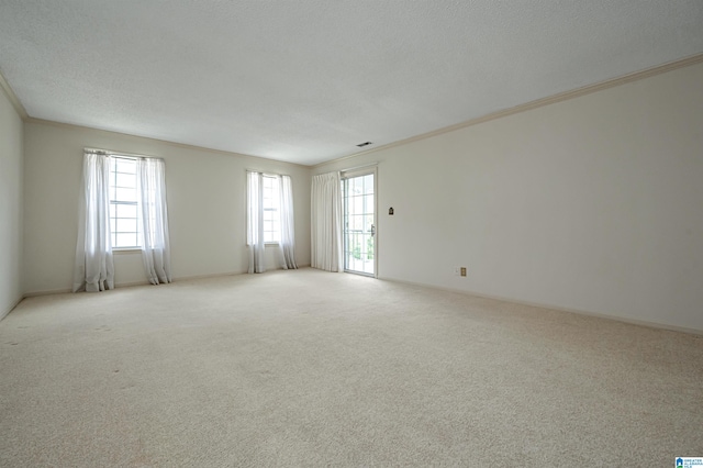 empty room with light colored carpet, a textured ceiling, and crown molding