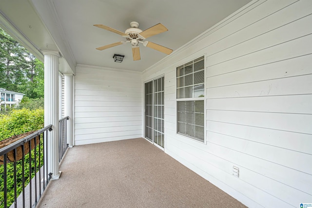 balcony featuring ceiling fan