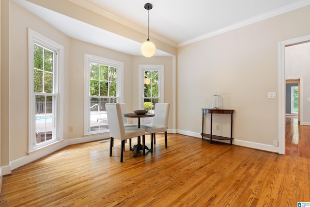 dining area featuring light hardwood / wood-style flooring and crown molding