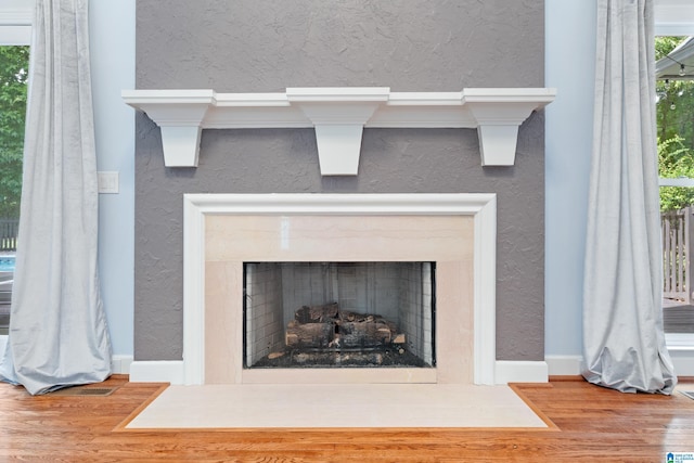 details with wood-type flooring and a high end fireplace