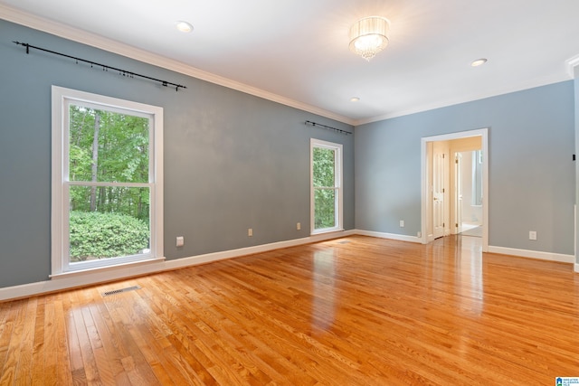 spare room featuring light wood-type flooring and crown molding