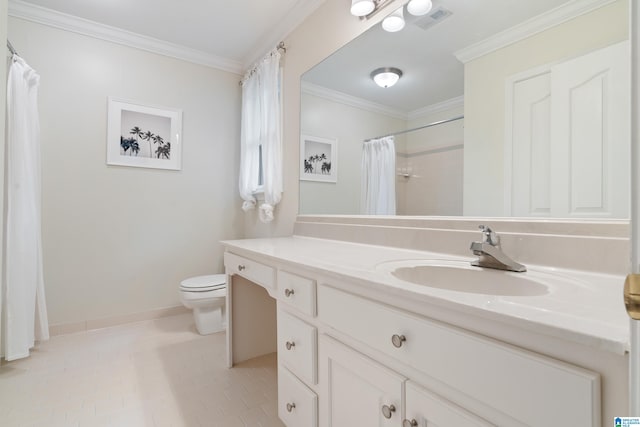 bathroom with walk in shower, tile patterned floors, ornamental molding, vanity, and toilet