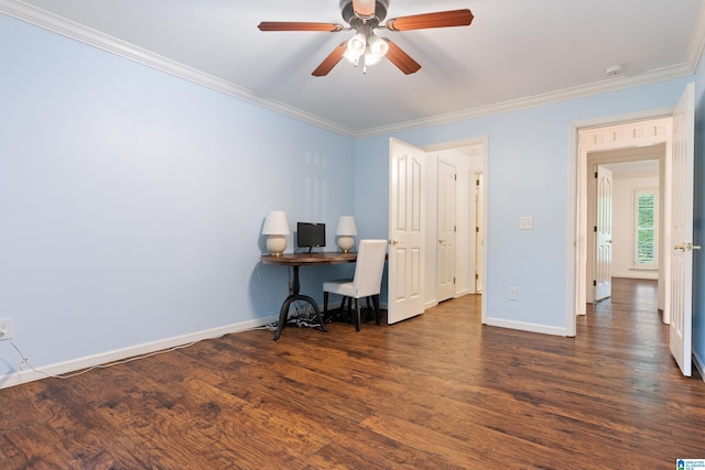 office with ceiling fan, ornamental molding, and dark hardwood / wood-style flooring