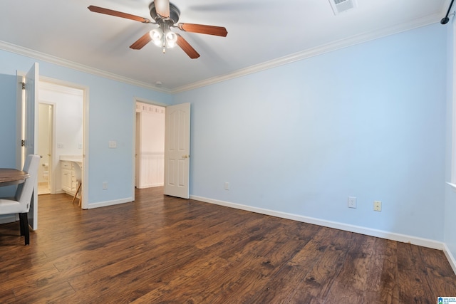 unfurnished bedroom with ceiling fan, ensuite bath, dark hardwood / wood-style floors, and crown molding