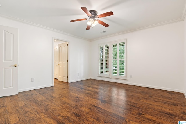 unfurnished room featuring ceiling fan, crown molding, and dark wood-type flooring