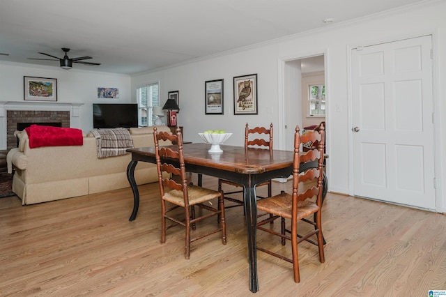 dining space featuring light hardwood / wood-style flooring, a wealth of natural light, a fireplace, and crown molding