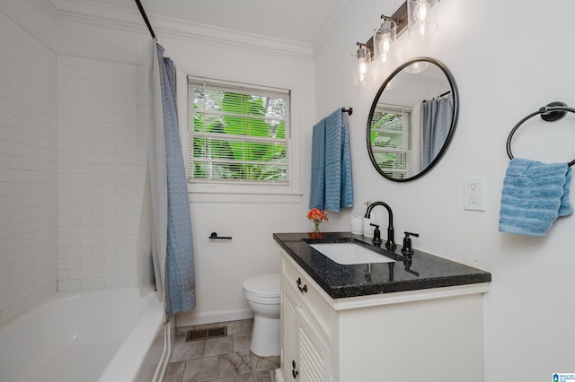 full bathroom with crown molding, vanity, toilet, and shower / bath combination with curtain