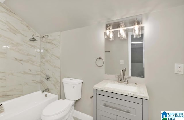 bathroom with toilet, shower / tub combination, vanity, and baseboards