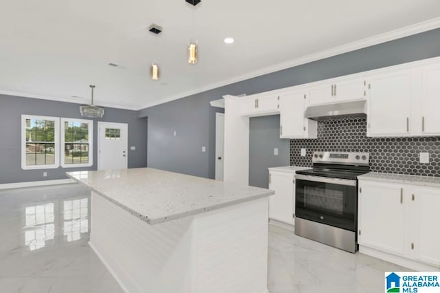 kitchen featuring light stone counters, decorative light fixtures, white cabinetry, a center island, and stainless steel electric stove