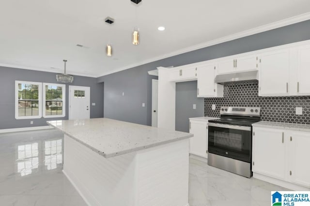 kitchen featuring tasteful backsplash, crown molding, under cabinet range hood, electric stove, and marble finish floor