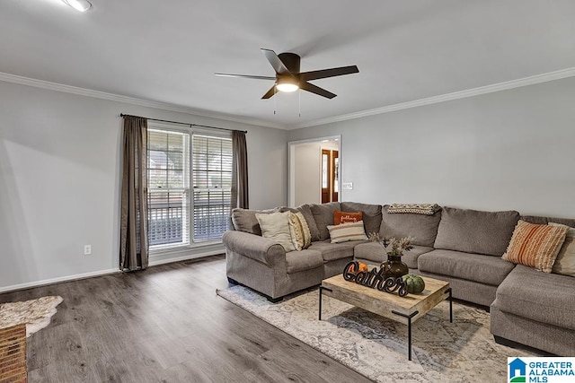 living room featuring ceiling fan, hardwood / wood-style flooring, and crown molding