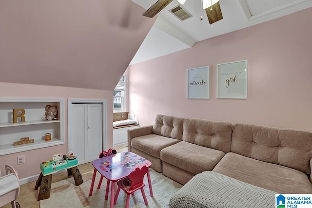 living room with light carpet and vaulted ceiling