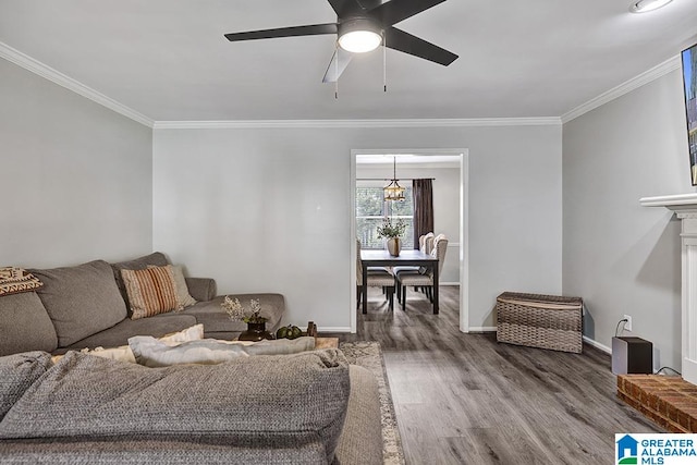 living room featuring ceiling fan with notable chandelier, hardwood / wood-style floors, and crown molding