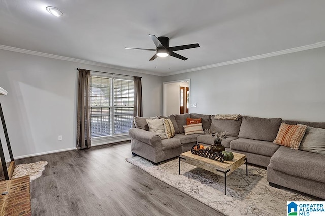 living room with ceiling fan, crown molding, and hardwood / wood-style floors