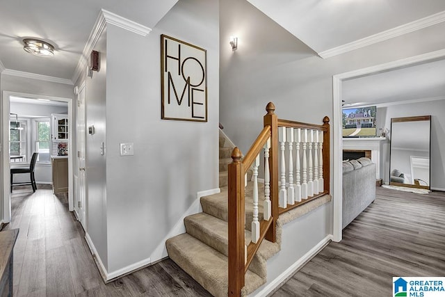 stairway featuring hardwood / wood-style flooring and crown molding