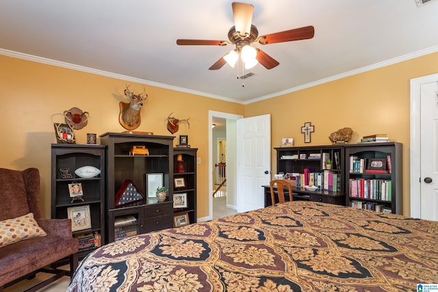 bedroom with ceiling fan and crown molding