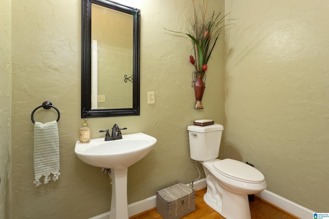 bathroom featuring toilet, wood finished floors, and a sink