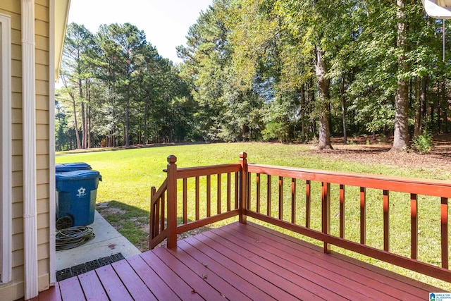 wooden deck featuring a lawn