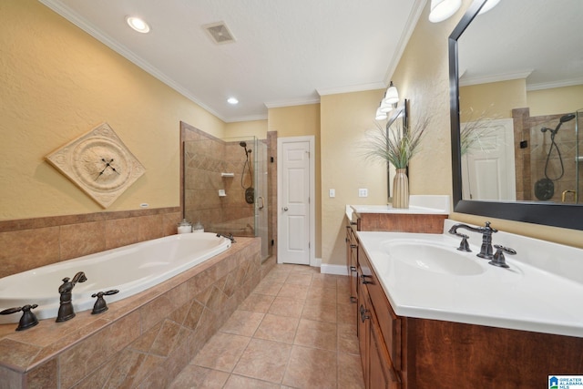 bathroom with crown molding, independent shower and bath, vanity, and tile patterned floors