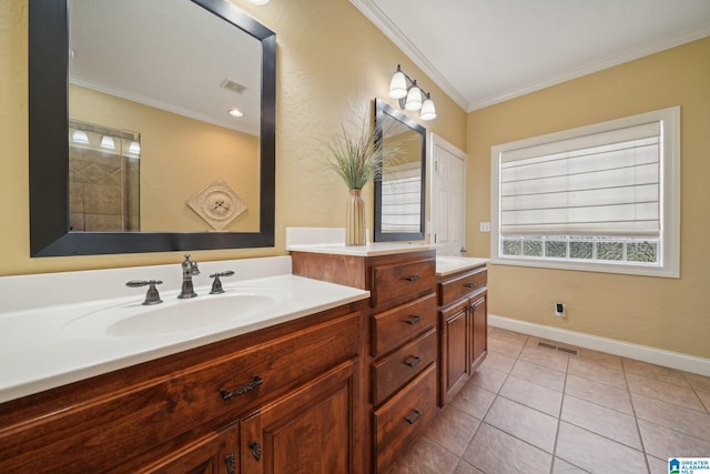 bathroom with tile patterned flooring, a shower, vanity, and crown molding