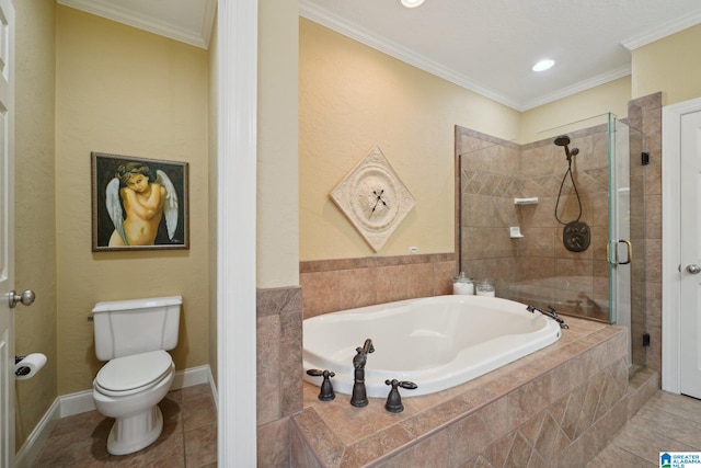 bathroom with independent shower and bath, tile patterned flooring, crown molding, and toilet