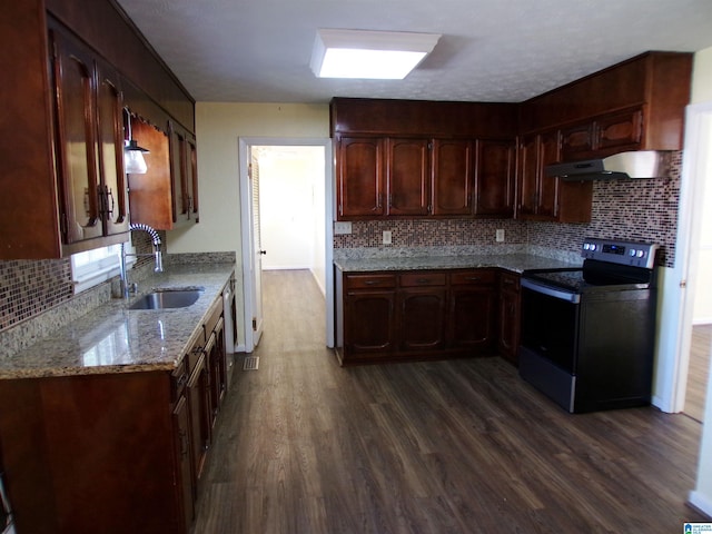 kitchen featuring a sink, appliances with stainless steel finishes, dark wood-style floors, under cabinet range hood, and backsplash