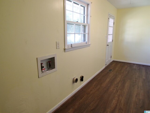 clothes washing area with laundry area, washer hookup, baseboards, and dark wood-style floors