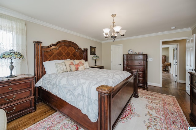 bedroom with a notable chandelier, light hardwood / wood-style flooring, and ornamental molding