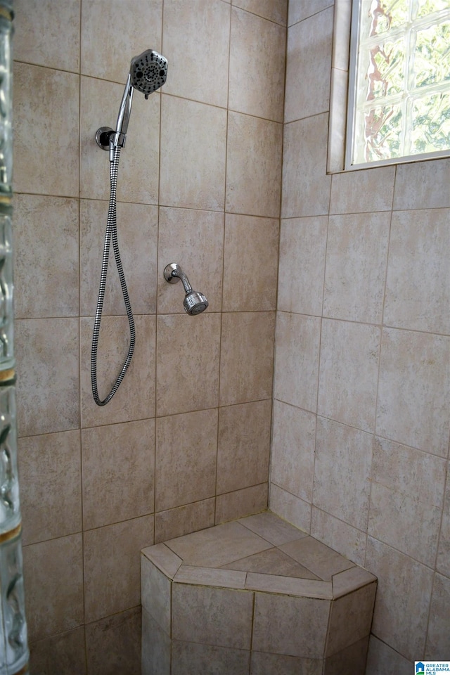 bathroom with curtained shower