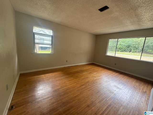 unfurnished room with light wood-type flooring, a healthy amount of sunlight, and a textured ceiling