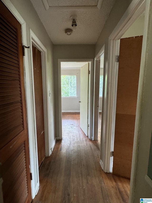 hall with wood-type flooring and a textured ceiling