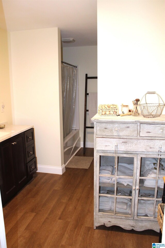 bathroom with vanity and hardwood / wood-style flooring