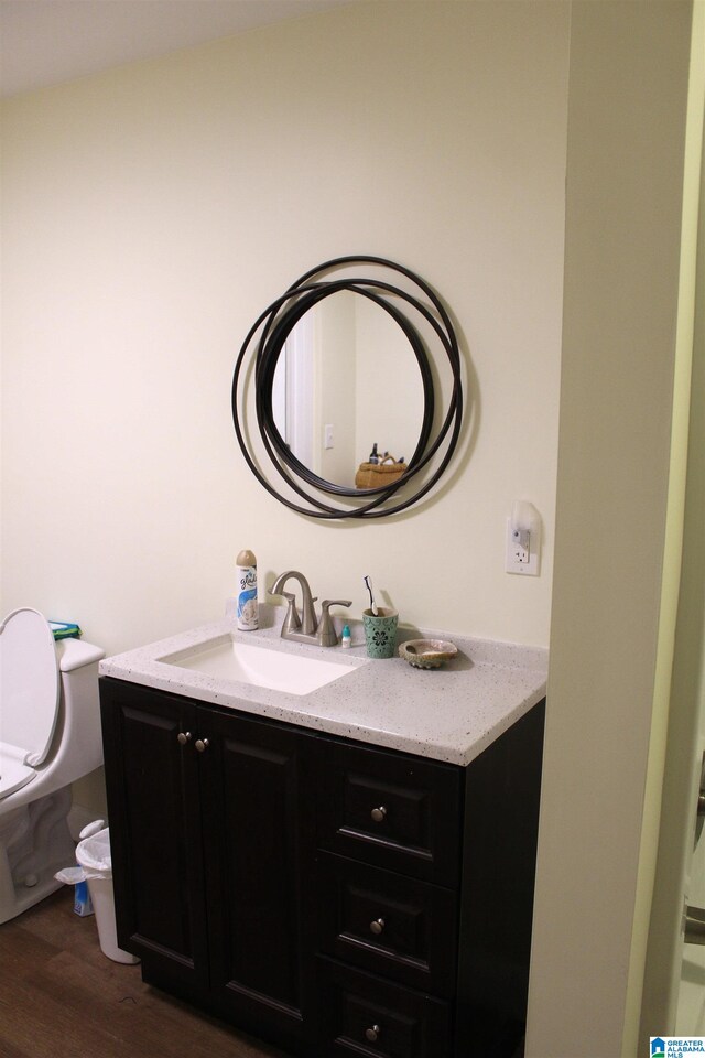 bathroom with wood-type flooring, vanity, and toilet